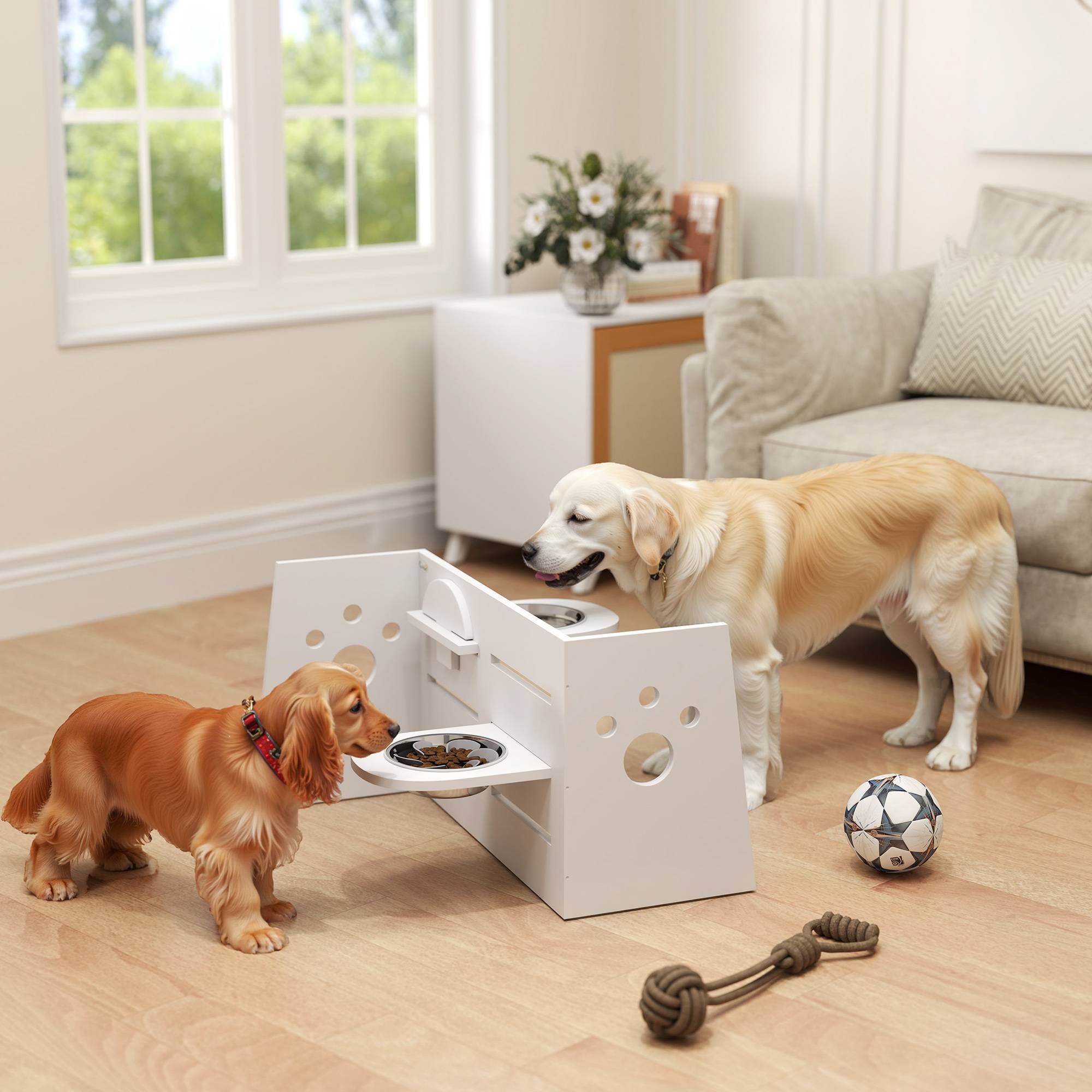 Gamelle double surélevée pour chiens, hauteur réglable et système d'alimentation lente, 63 x 58,5 x 40 cm, blanche - Image 3