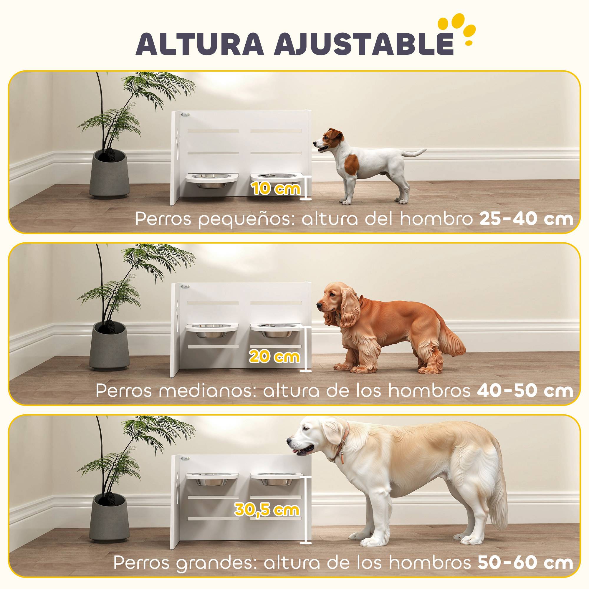 Gamelle double surélevée pour chiens, hauteur réglable et système d'alimentation lente, 63 x 58,5 x 40 cm, blanche - Image 7