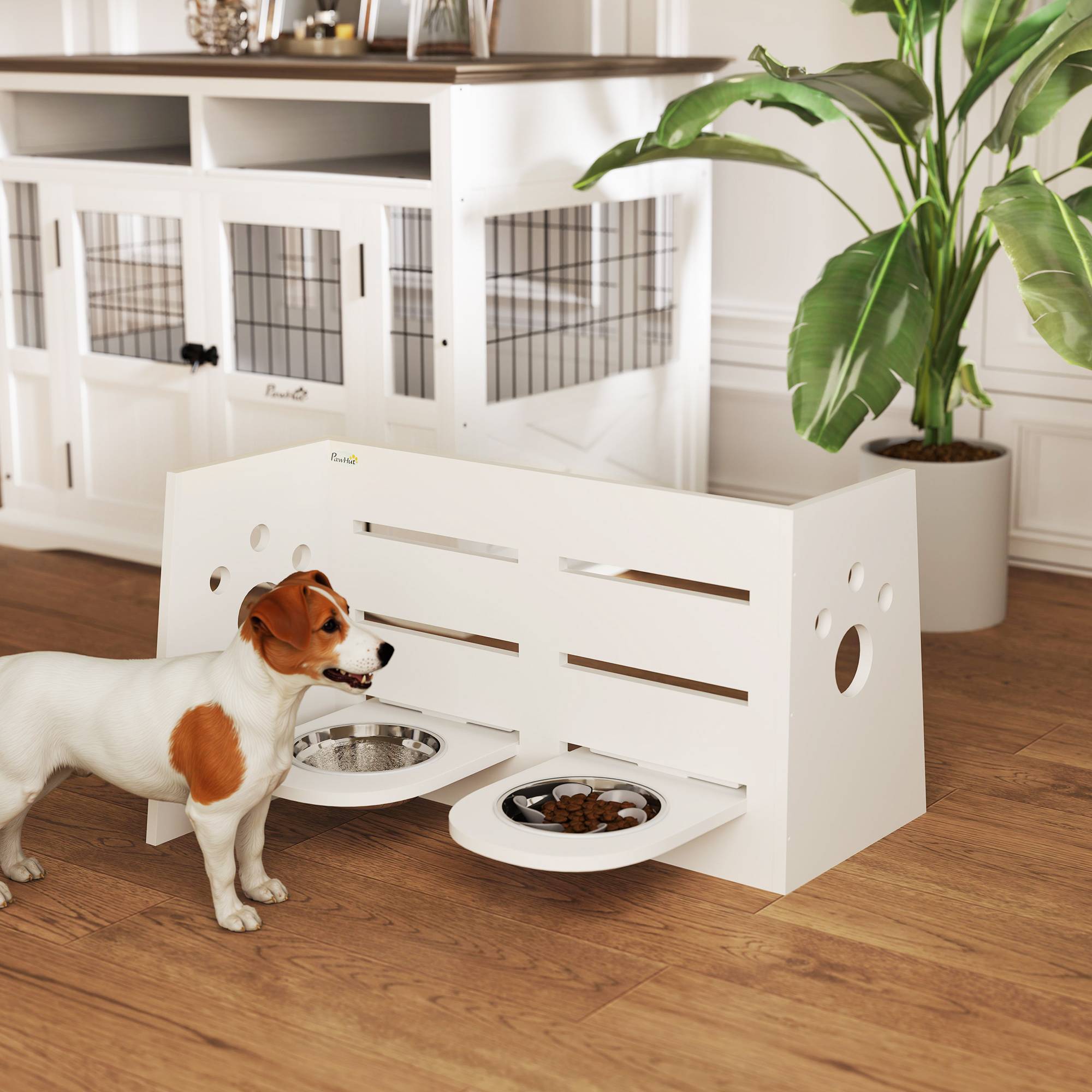 Gamelle double surélevée pour chiens, hauteur réglable et système d'alimentation lente, 63 x 58,5 x 40 cm, blanche - Image 4