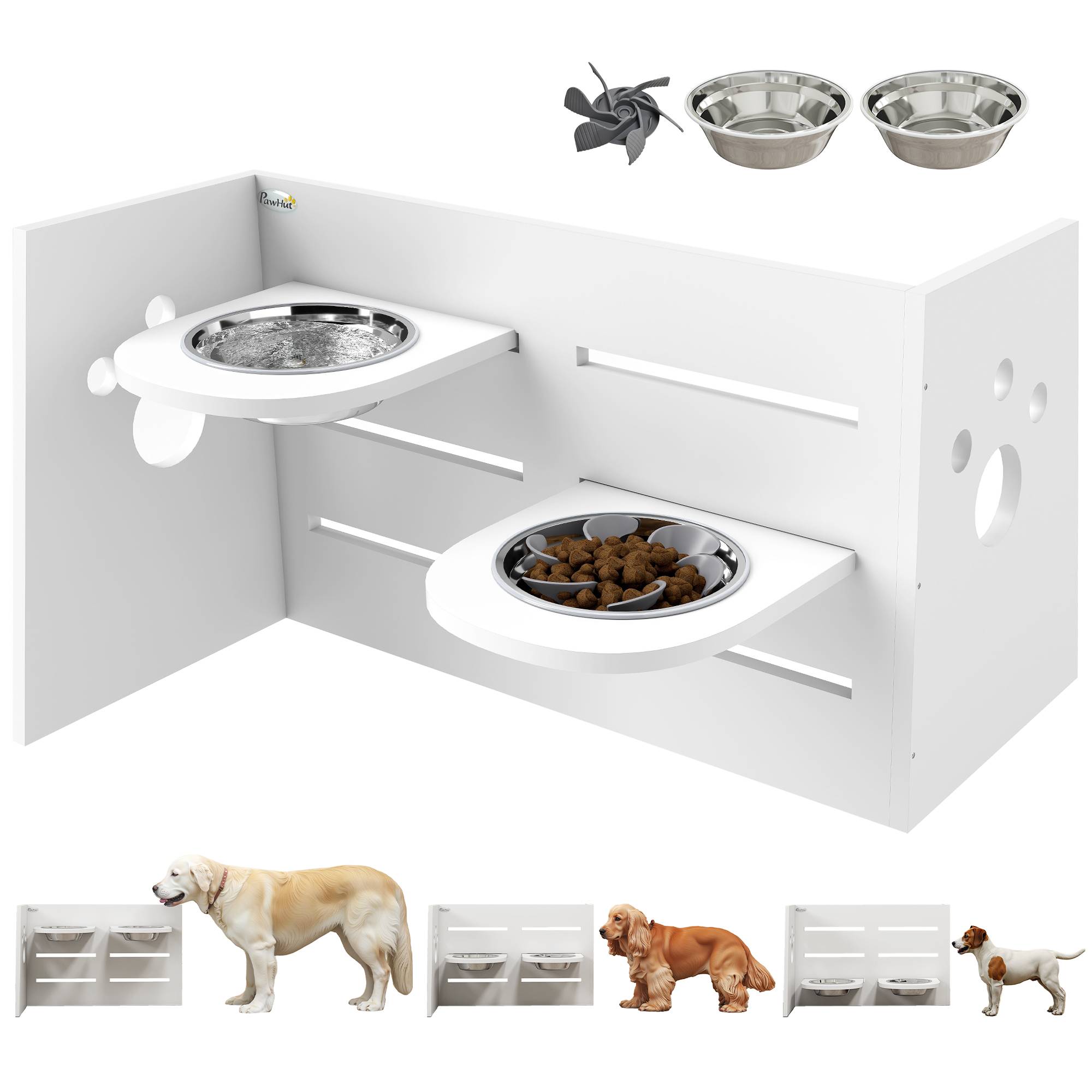 Gamelle double surélevée pour chiens, hauteur réglable et système d'alimentation lente, 63 x 58,5 x 40 cm, blanche - Image 1