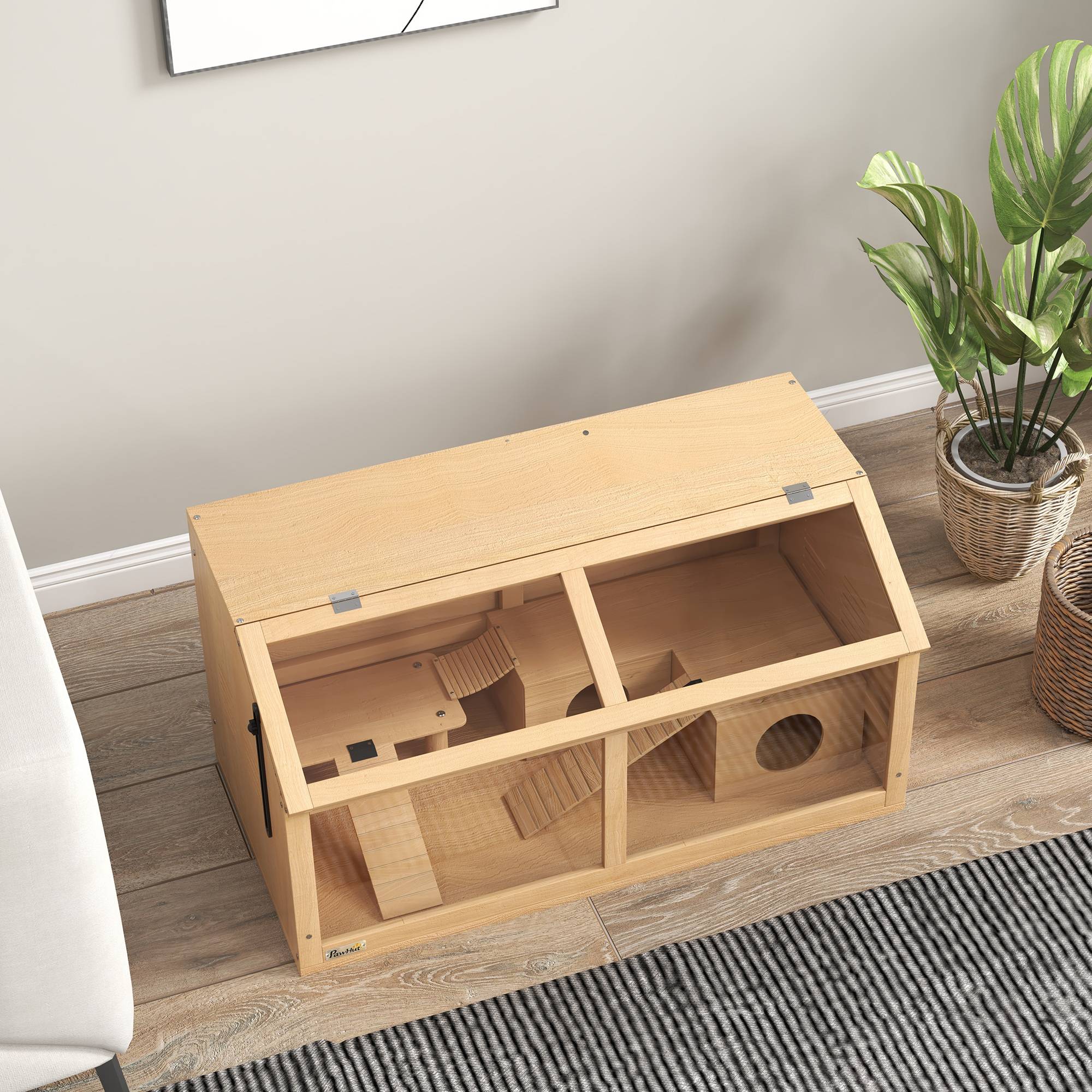 Cage hamster en bois sapin pour petits rongeurs avec pont et plateforme 85x45x44cm naturel - ComfortXL Outdoor Living - Image 9