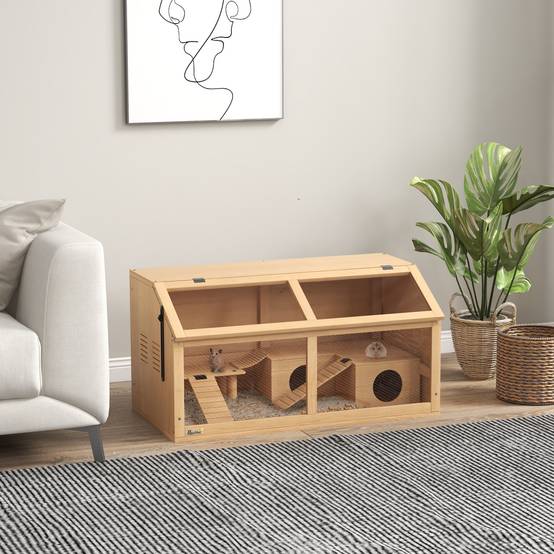 Cage hamster en bois sapin pour petits rongeurs avec pont et plateforme 85x45x44cm naturel - ComfortXL Outdoor Living - Image 3