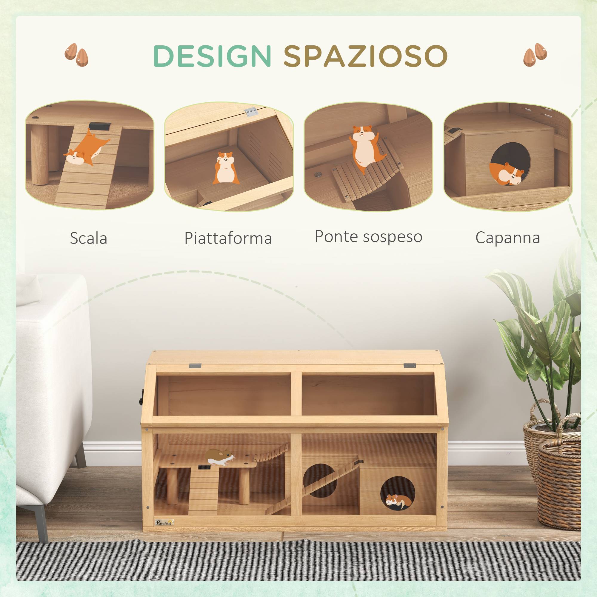 Cage hamster en bois sapin pour petits rongeurs avec pont et plateforme 85x45x44cm naturel - ComfortXL Outdoor Living - Image 6
