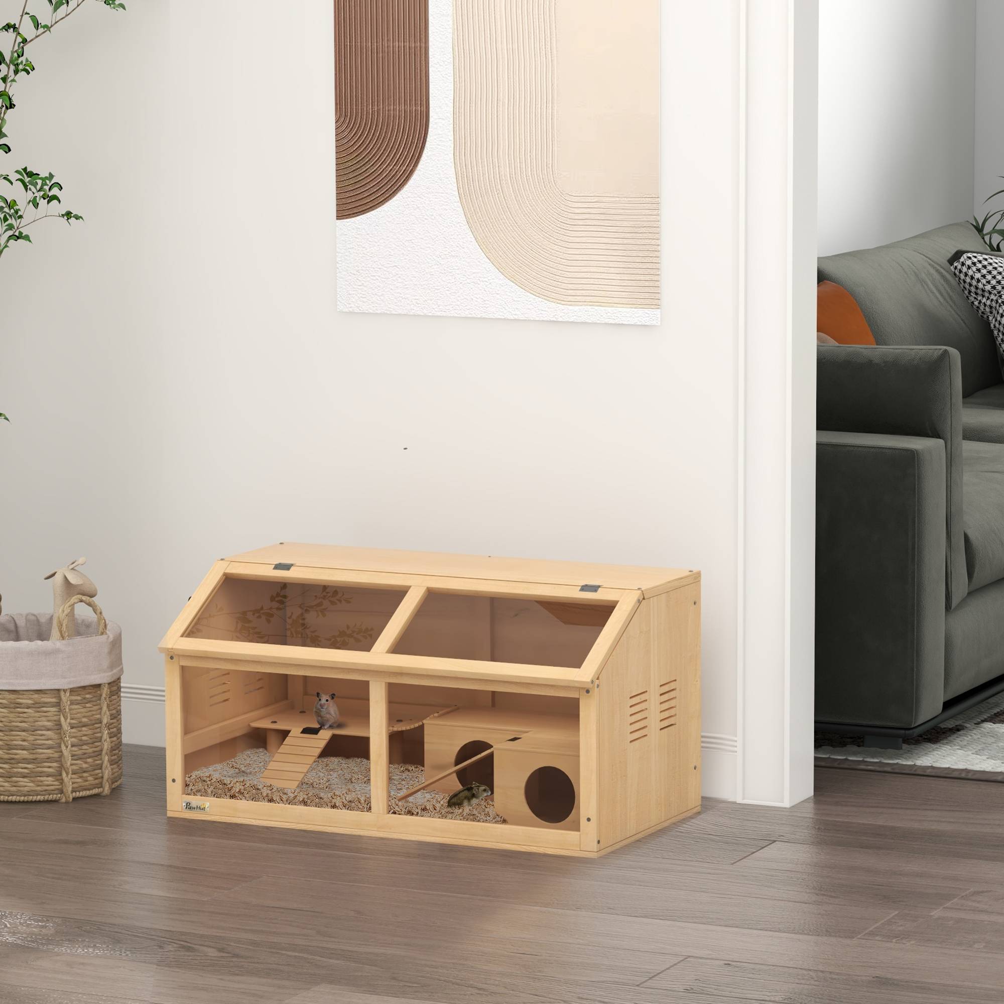Cage hamster en bois sapin pour petits rongeurs avec pont et plateforme 85x45x44cm naturel - ComfortXL Outdoor Living - Image 4