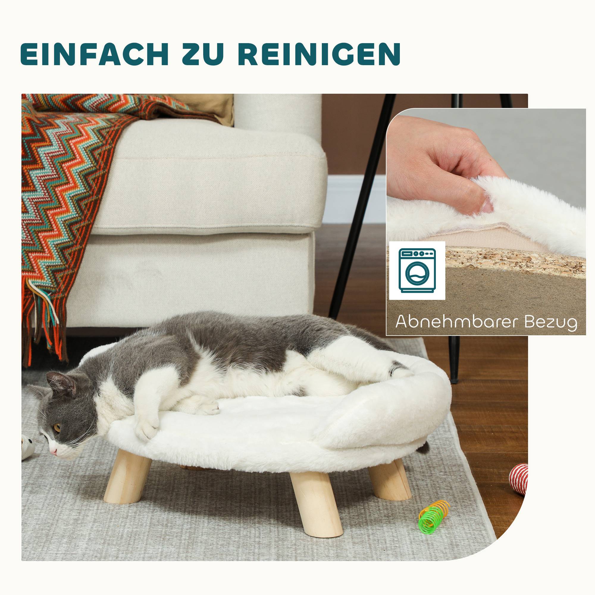 Lit pour chat et chien bois et peluche blanc crème 47 x 40 x 20 cm - PANGIVO - Image 8