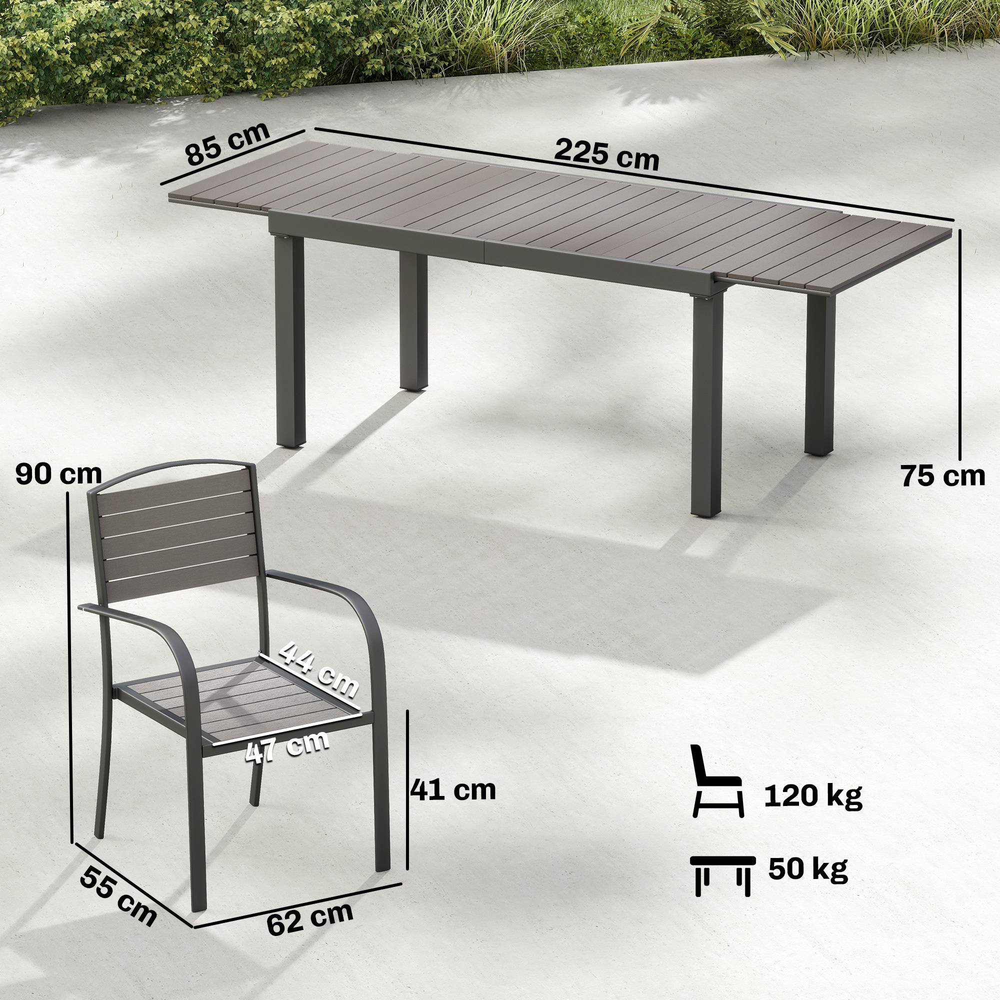 Ensemble de jardin 7 pièces table extensible et 6 chaises, style bois, cadre aluminium avec design à lattes - Image 3