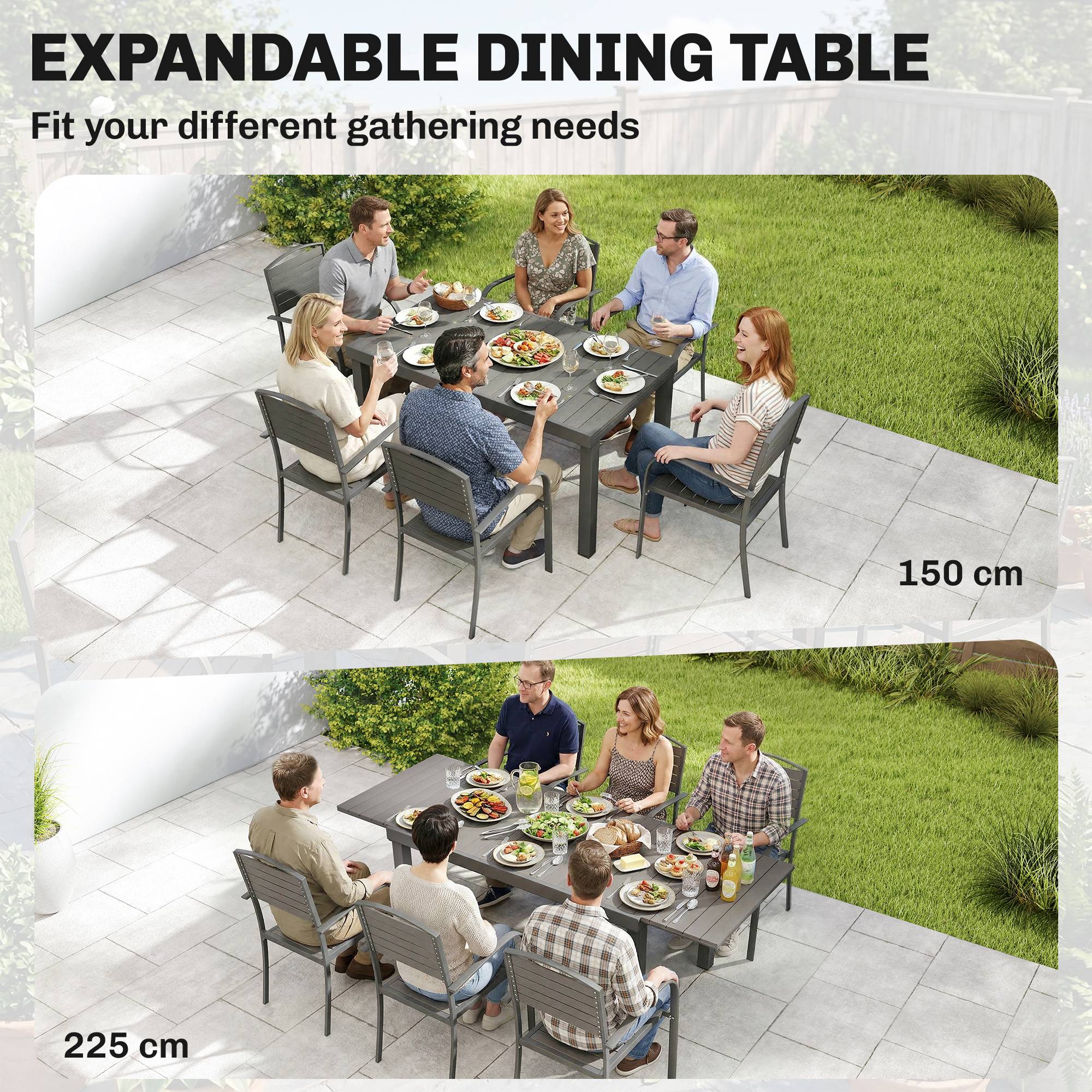 Ensemble de jardin 7 pièces table extensible et 6 chaises, style bois, cadre aluminium avec design à lattes - Image 4