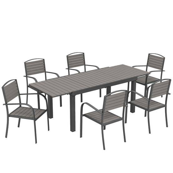 Ensemble de jardin 7 pièces table extensible et 6 chaises, style bois, cadre aluminium avec design à lattes - Image 1