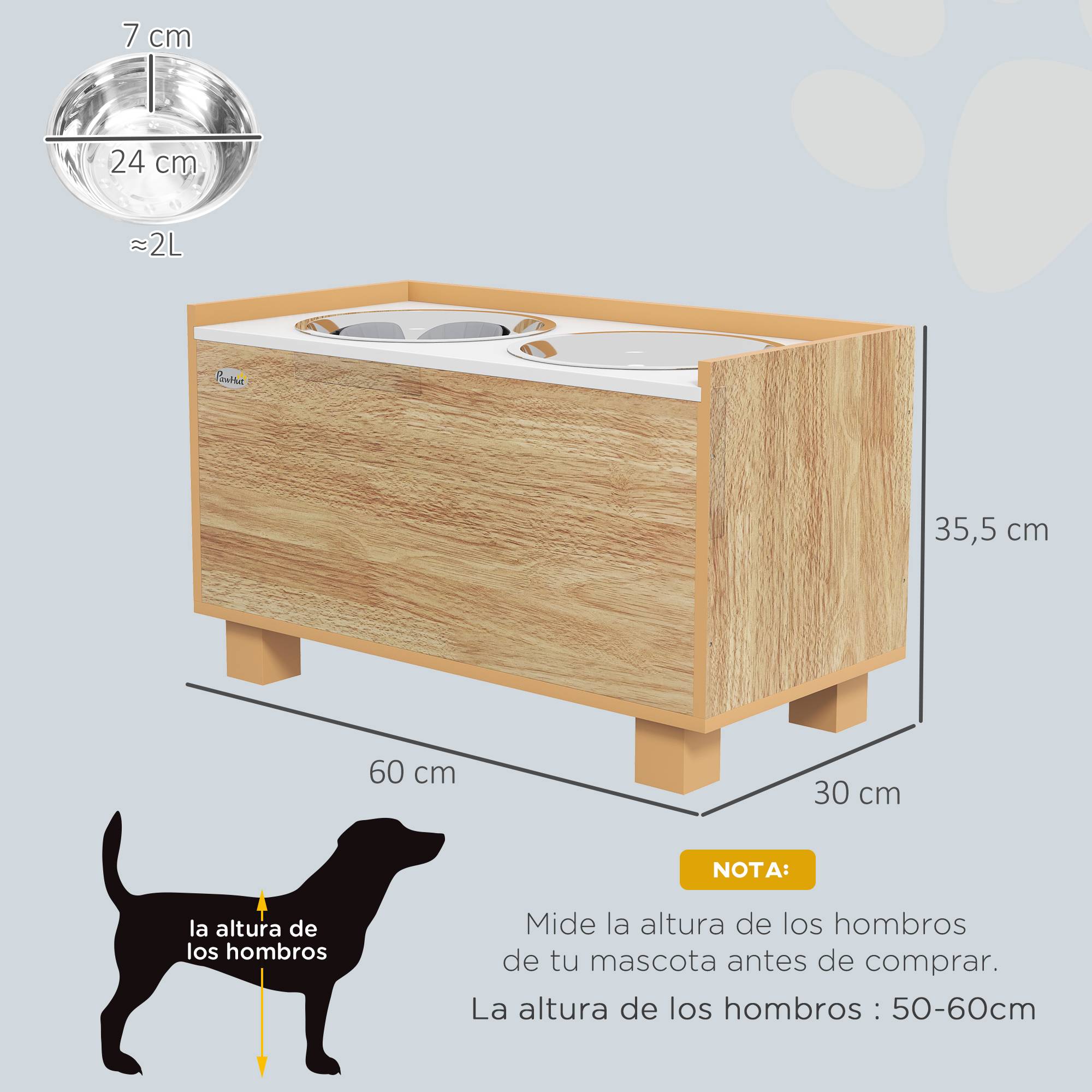 Gamelle surélevée pour chien avec distributeur de croquettes amovible, gamelle d'eau et gamelle de nourriture en acier inoxydable, finition chêne - Image 5