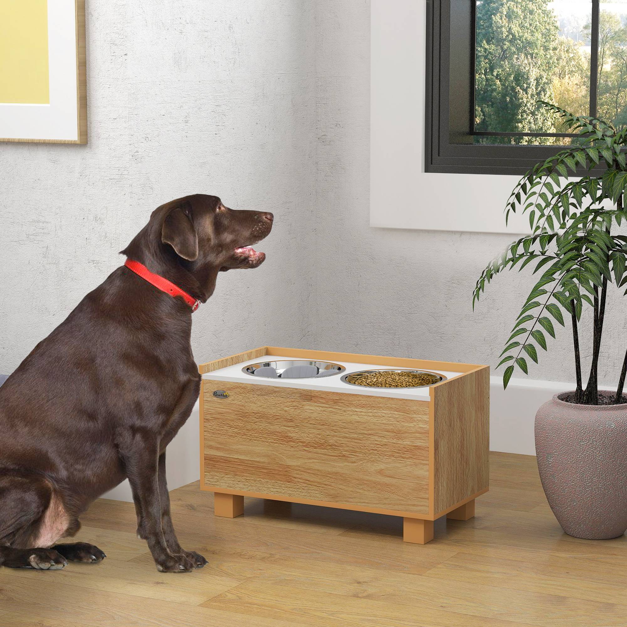 Gamelle surélevée pour chien avec distributeur de croquettes amovible, gamelle d'eau et gamelle de nourriture en acier inoxydable, finition chêne - Image 4