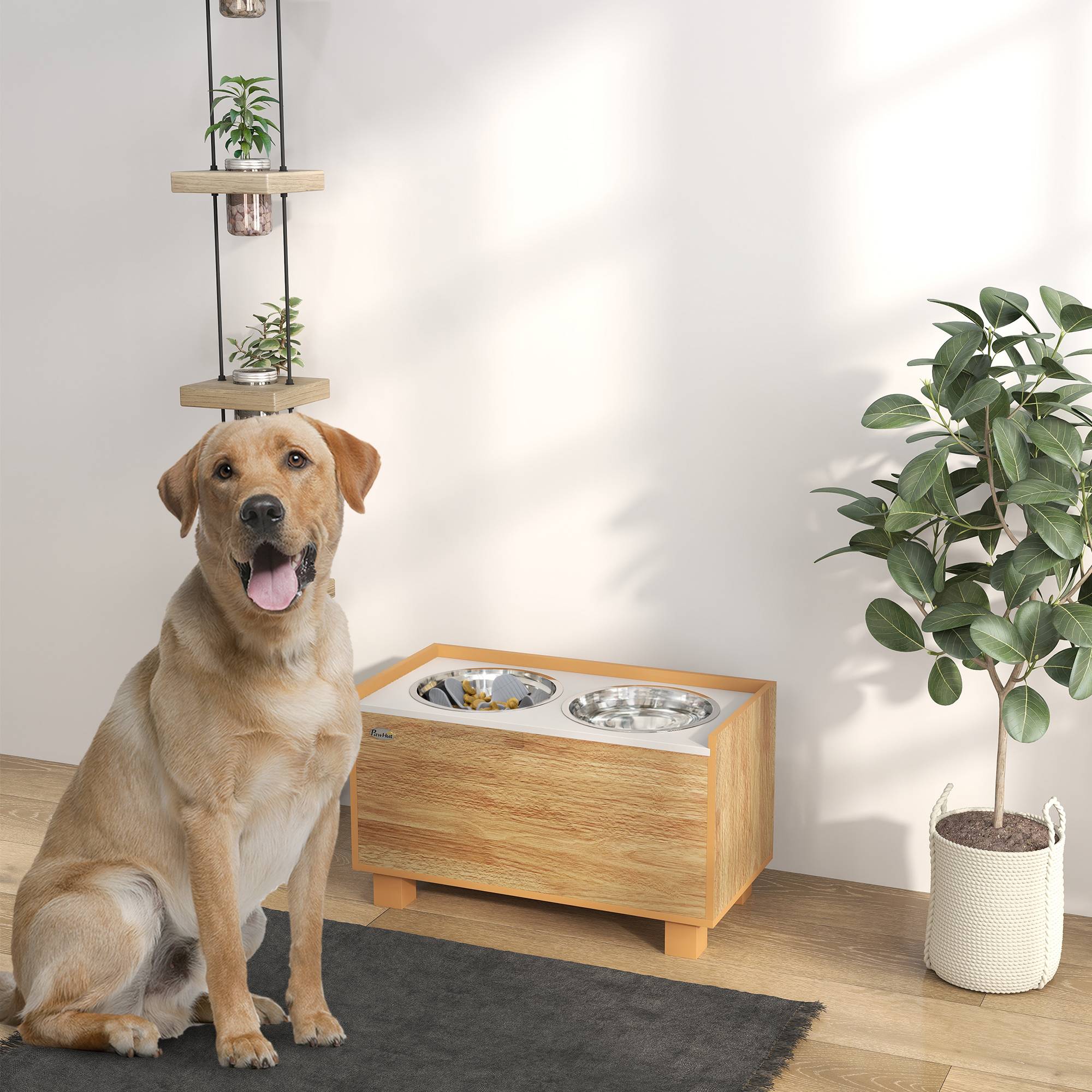 Gamelle surélevée pour chien avec distributeur de croquettes amovible, gamelle d'eau et gamelle de nourriture en acier inoxydable, finition chêne - Image 3