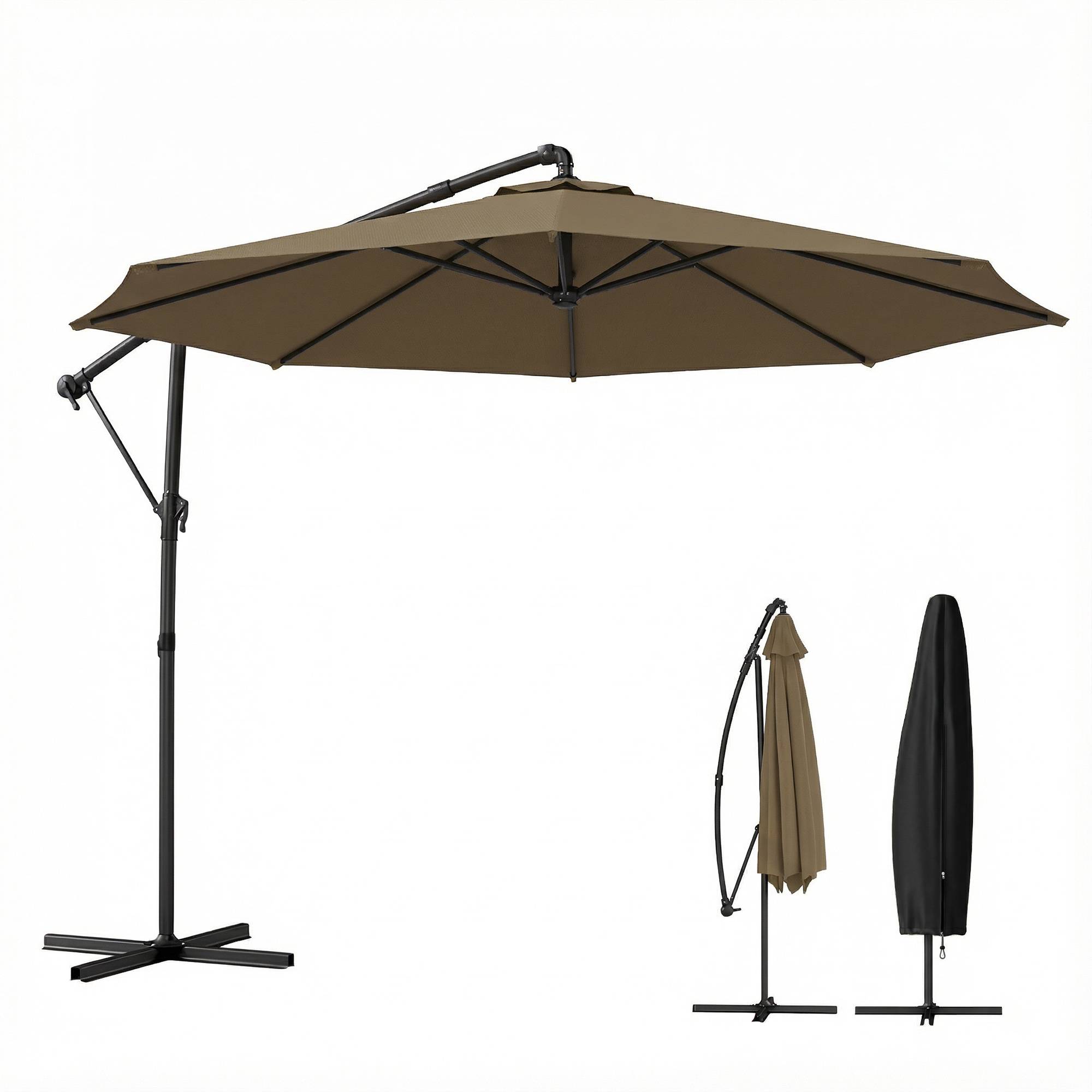 PANGIVO - Parasol déporté rond en polyester et métal kaki 300 x 300 x 235 cm - PANGIVO - Image 2