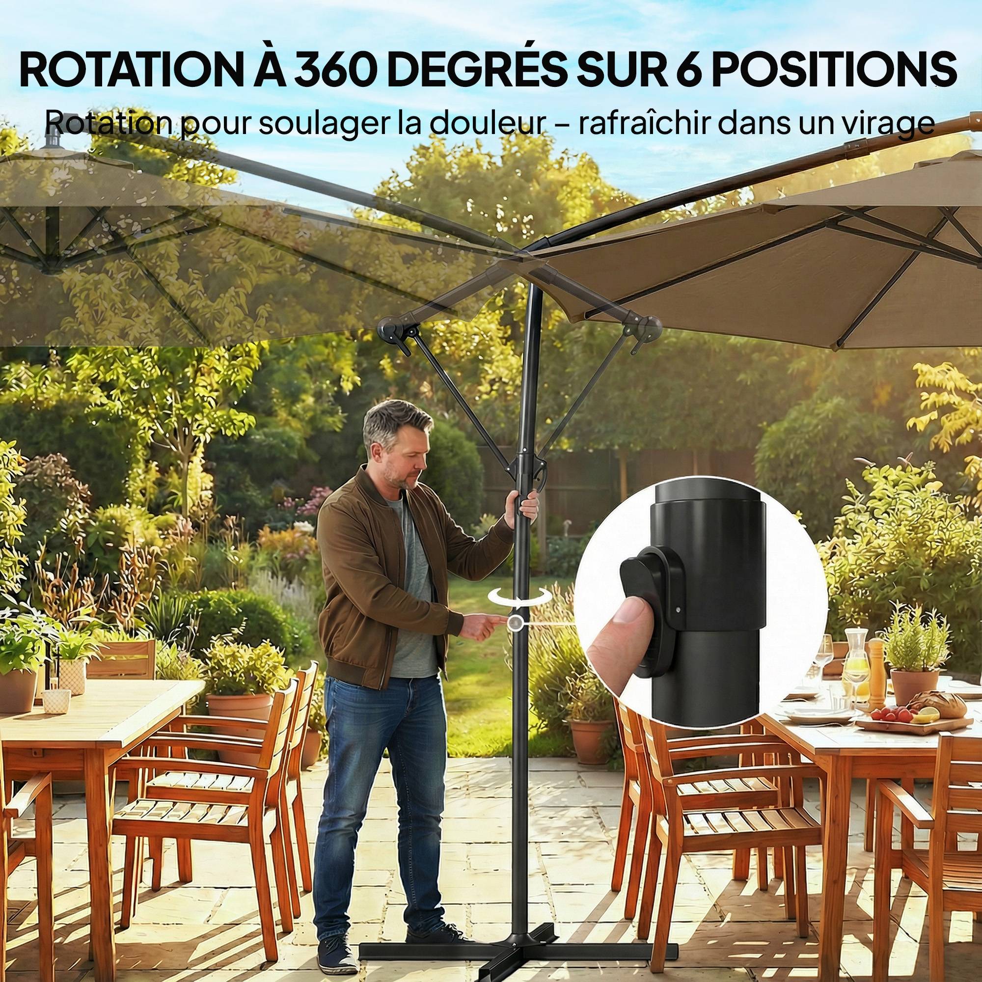 PANGIVO - Parasol déporté rond en polyester et métal kaki 300 x 300 x 235 cm - PANGIVO - Image 8