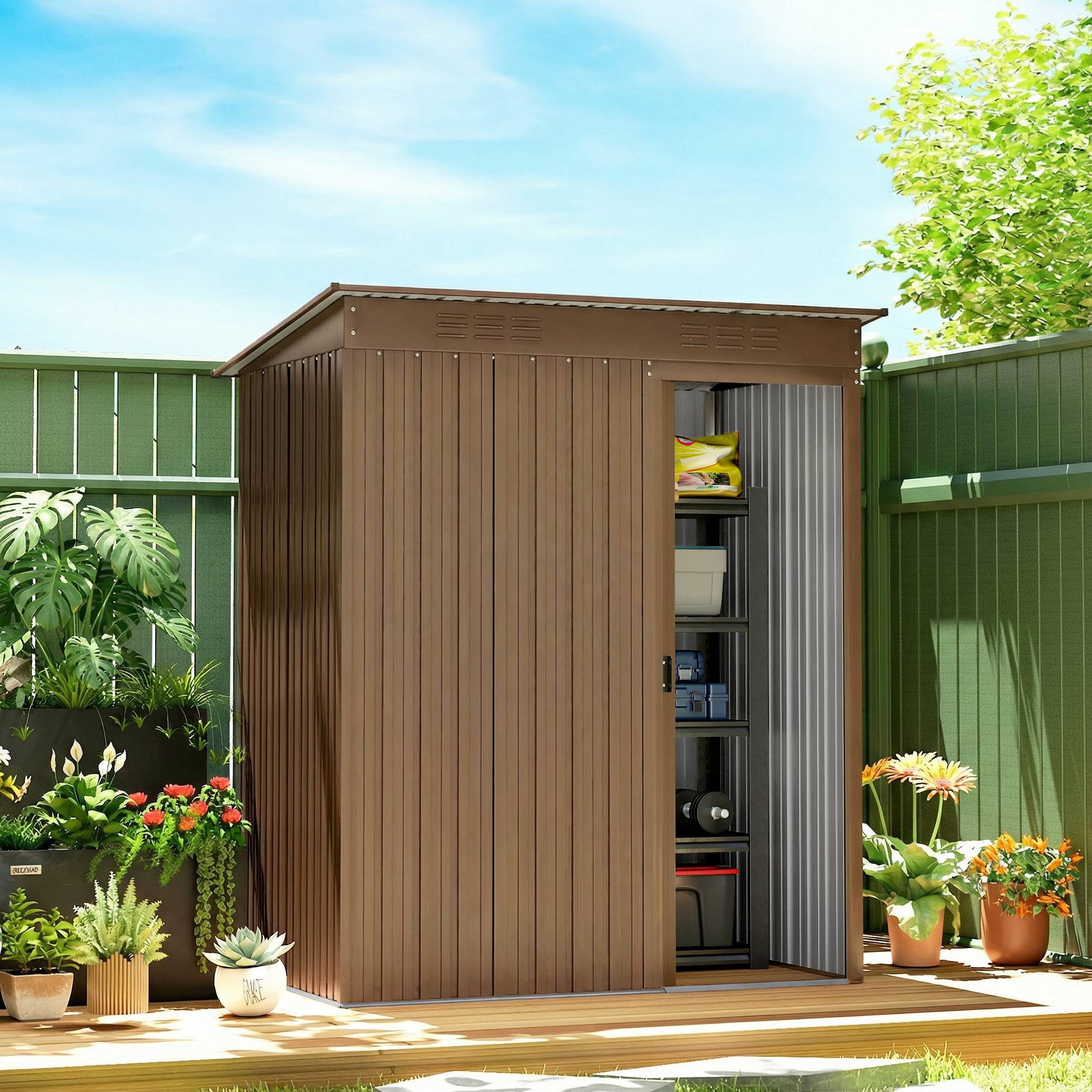 Abri de jardin acier galvanisé rangement extérieur porte coulissante 159x106x181cm marron - ComfortXL Outdoor Living - Image 4