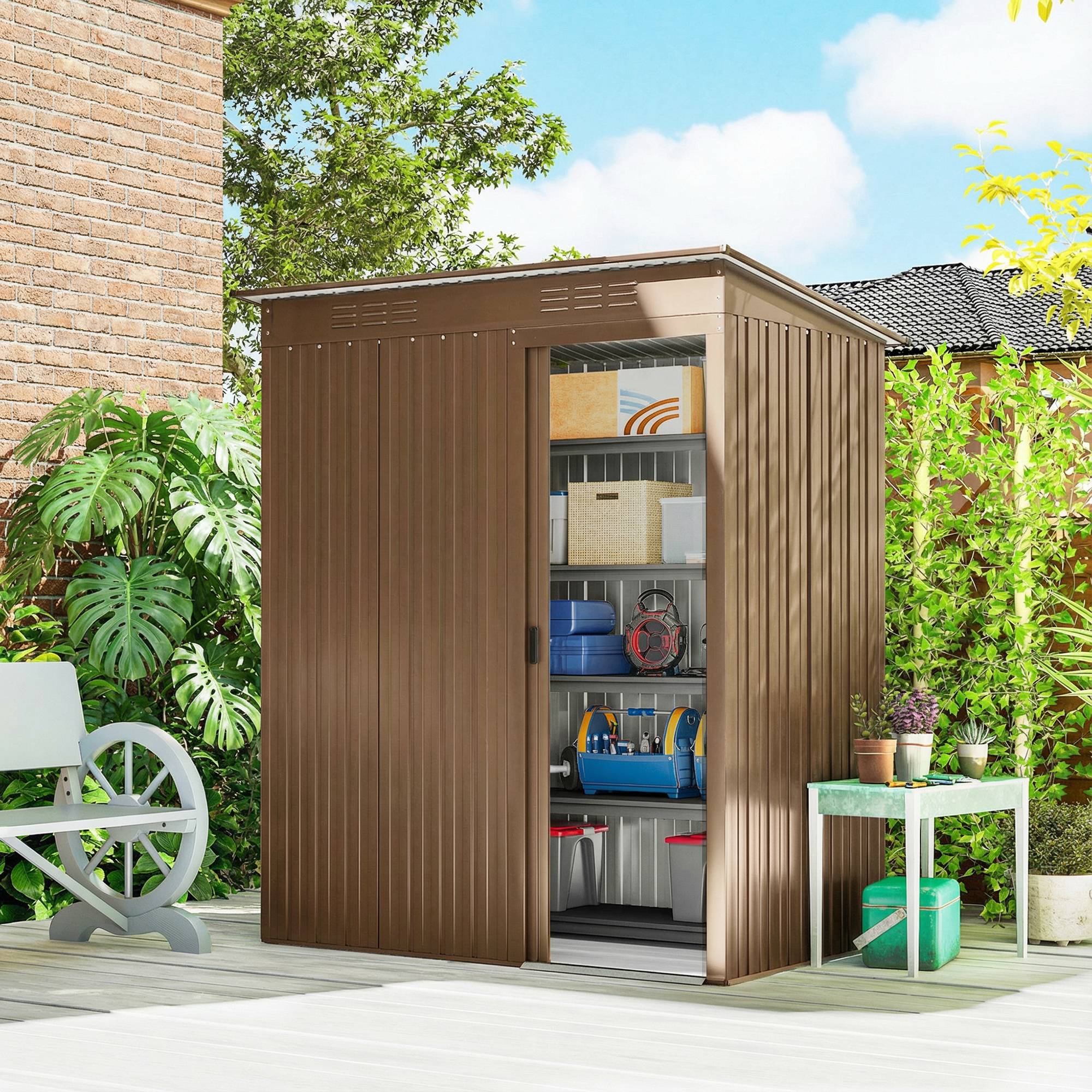 Abri de jardin acier galvanisé rangement extérieur porte coulissante 159x106x181cm marron - ComfortXL Outdoor Living - Image 3