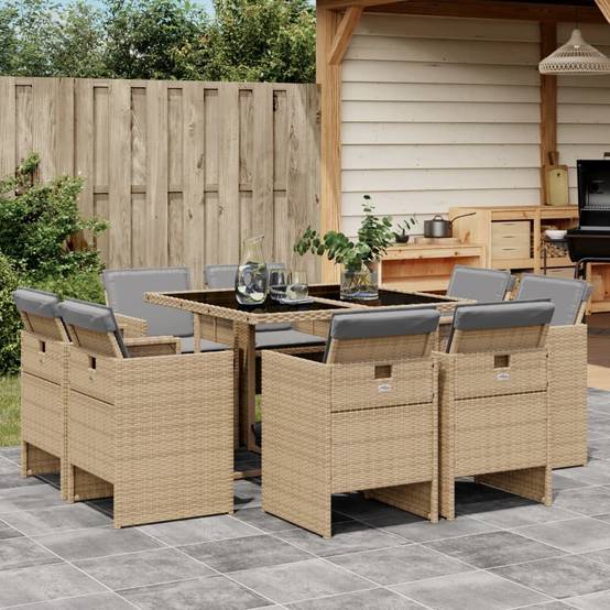 ComfortXL - Table et Chaises de Jardin 8 Personnes Encastrables Résine Tressée Beige Coussins Gris – ComfortXL Outdoor Living - Image 1