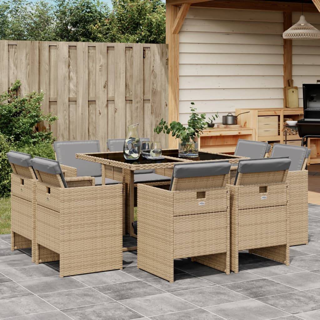 ComfortXL - Table et Chaises de Jardin 8 Personnes Encastrables Résine Tressée Beige Coussins Gris – ComfortXL Outdoor Living - Image 1