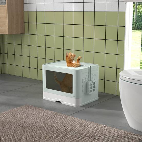 Bac à Litière Vert Clair - 48,5x38x36,5cm avec Couvercle, Pelle, Brosse et Double Porte (Entrée Avant/Sortie Haut) - Image 3