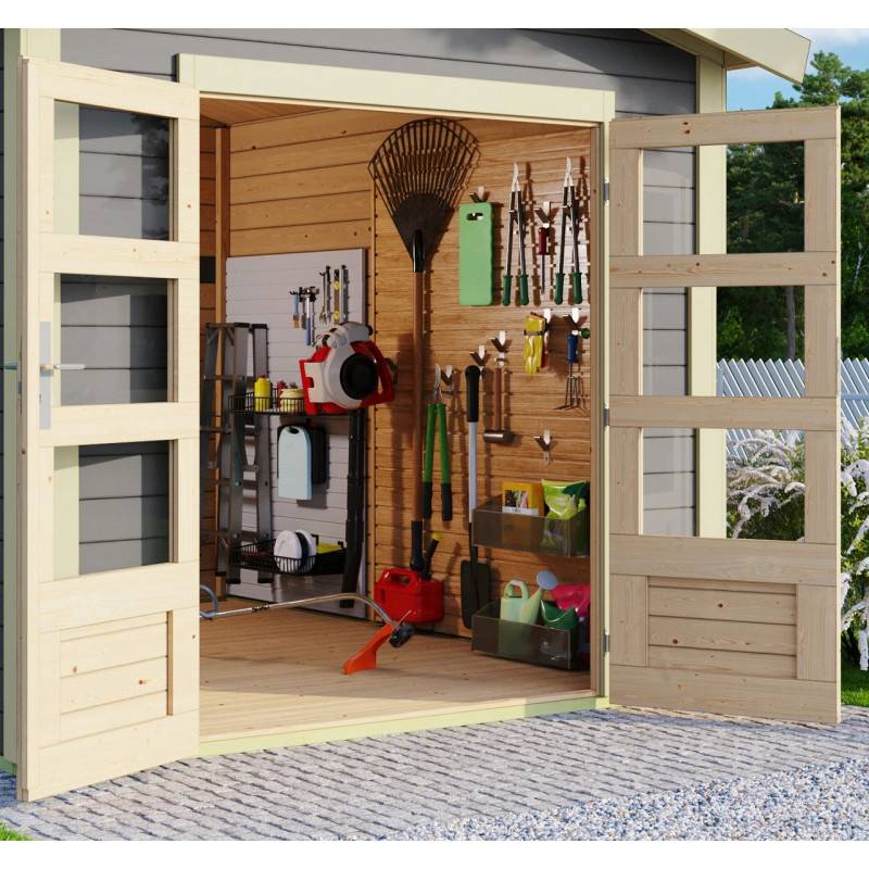 Abri de jardin bois massif gris 9,24m² avec auvent 300cm Karibu Theres 7 - Image 4