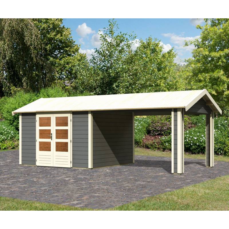 Abri de jardin bois massif gris 9,24m² avec auvent 300cm Karibu Theres 7 - Image 1