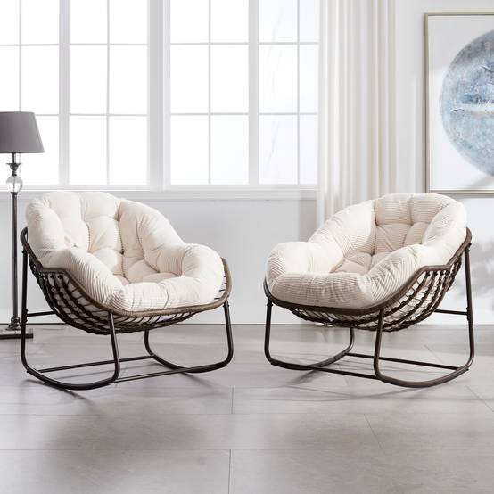 Fauteuil à Bascule Cocon Blanc en Résine Tressée avec Coussin pour Jardin et Salon Design Moderne - ComfortXL Outdoor Living - Image 8