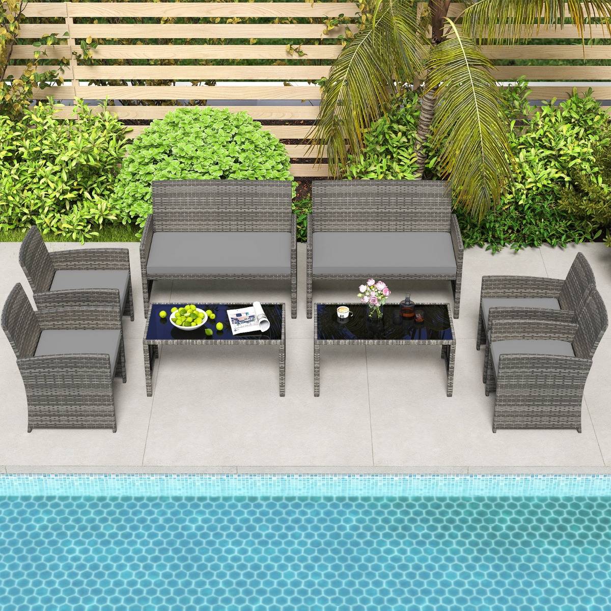 Ensemble de Salon de Jardin 4 Pièces Fauteuils en Rotin avec Coussins d'Assise Rembourrés Plateau en Verre Trempé Gris MAISON CHIC - Image 2