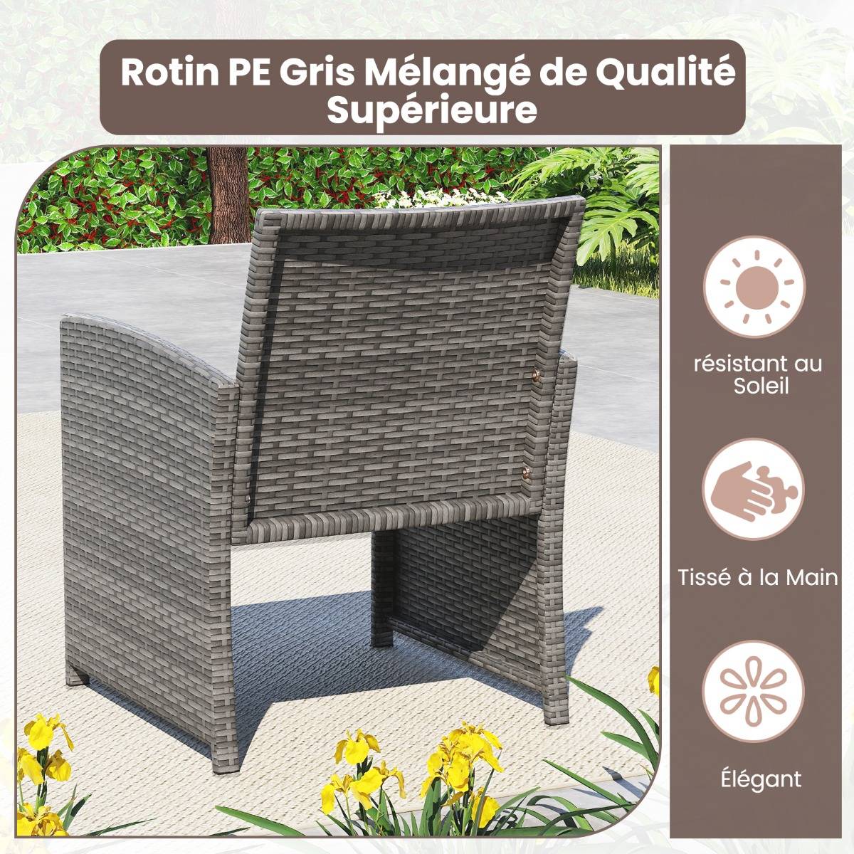 Ensemble de Salon de Jardin 4 Pièces Fauteuils en Rotin avec Coussins d'Assise Rembourrés Plateau en Verre Trempé Gris MAISON CHIC - Image 6