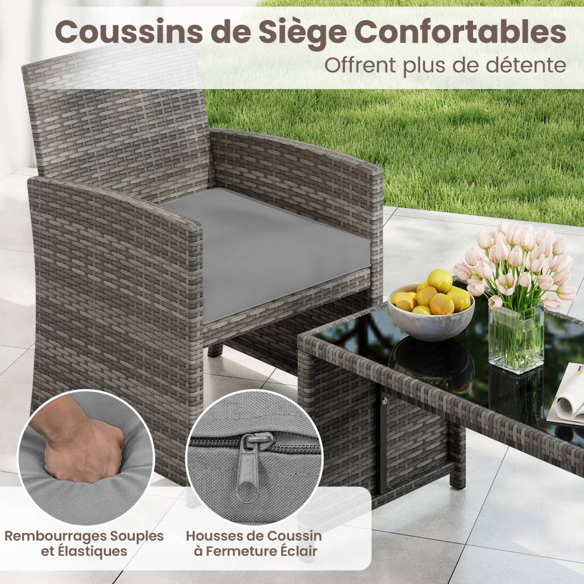 Ensemble de Salon de Jardin 4 Pièces Fauteuils en Rotin avec Coussins d'Assise Rembourrés Plateau en Verre Trempé Gris MAISON CHIC - Image 7