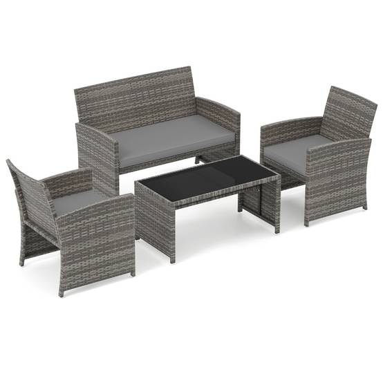 Ensemble de Salon de Jardin 4 Pièces Fauteuils en Rotin avec Coussins d'Assise Rembourrés Plateau en Verre Trempé Gris MAISON CHIC - Image 3