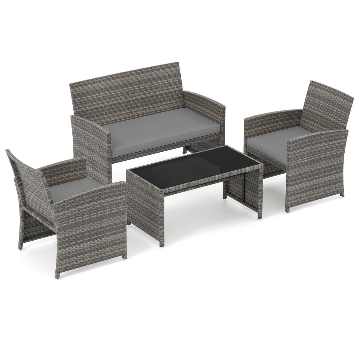 Ensemble de Salon de Jardin 4 Pièces Fauteuils en Rotin avec Coussins d'Assise Rembourrés Plateau en Verre Trempé Gris MAISON CHIC - Image 1