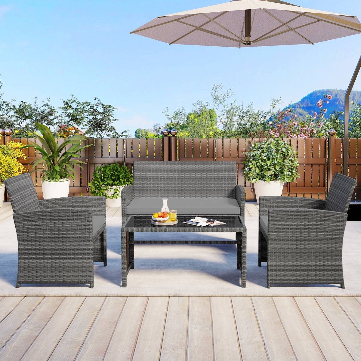 Ensemble de Salon de Jardin 4 Pièces Fauteuils en Rotin avec Coussins d'Assise Rembourrés Plateau en Verre Trempé Gris MAISON CHIC - Image 4