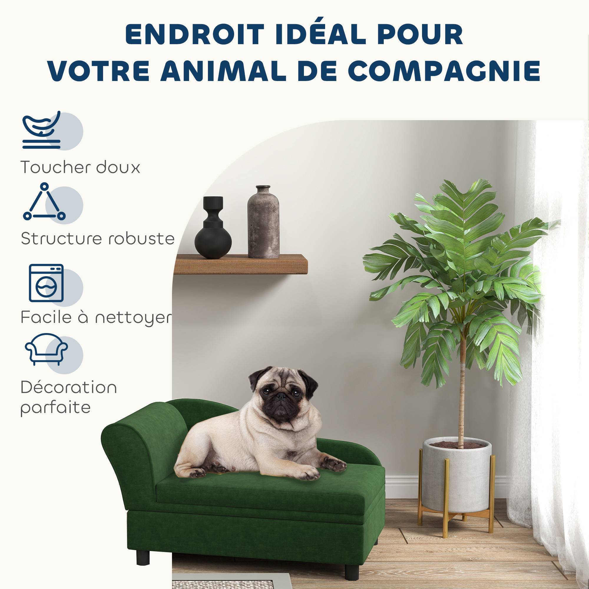 Canapé chien chat sur pied avec coffre de rangement style moderne coussin d'assise amovible 76 x 45 x 43 cm vert - Image 6