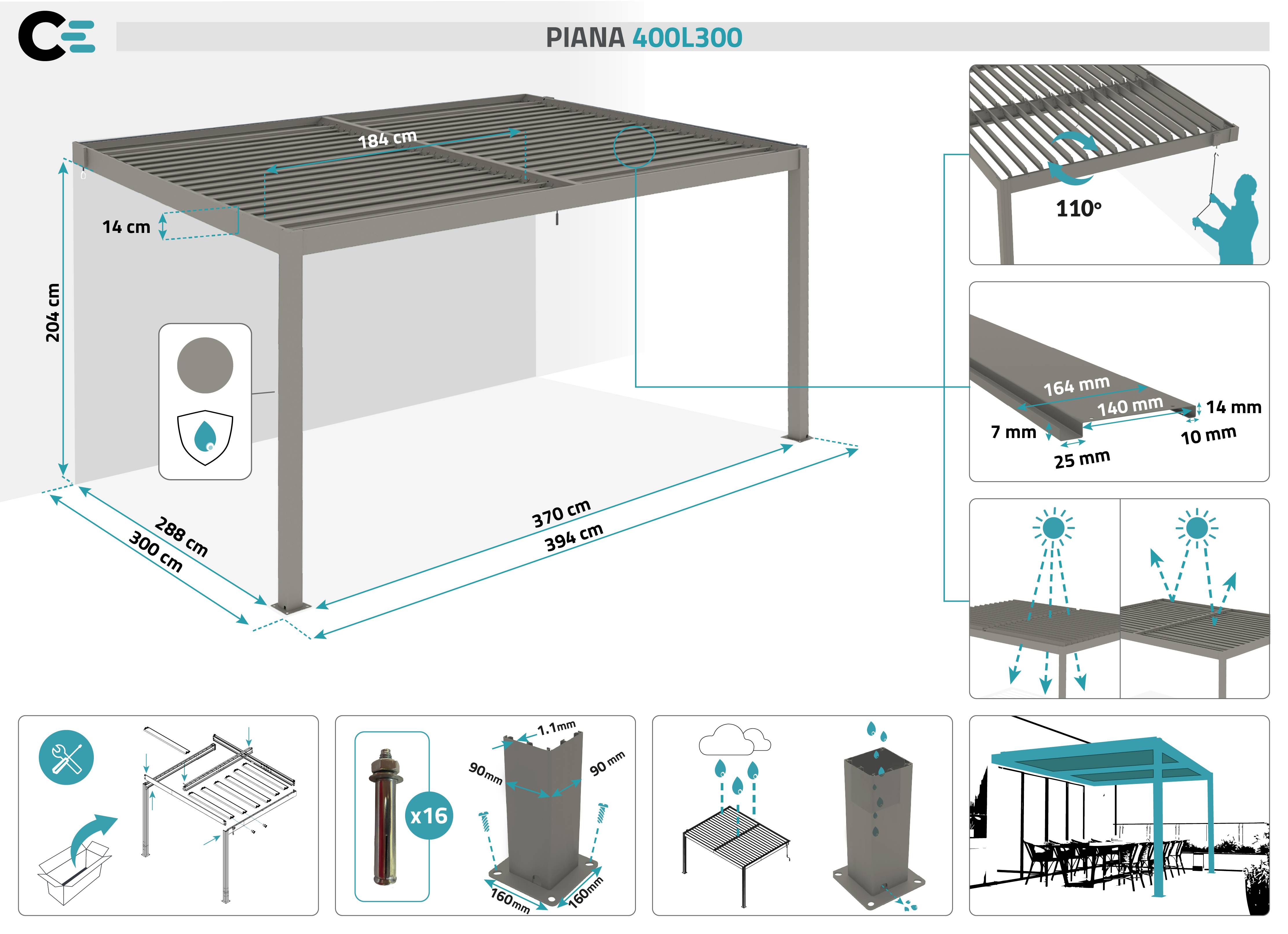 Pergola bioclimatique adossée 4x3 m PIANA aluminium taupe - lames orientables - Image 2