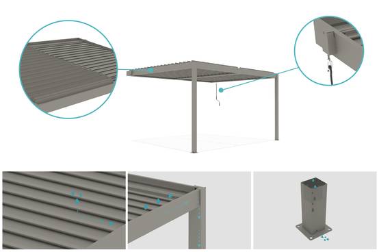 Pergola bioclimatique adossée 4x3 m PIANA aluminium taupe - lames orientables - Image 6