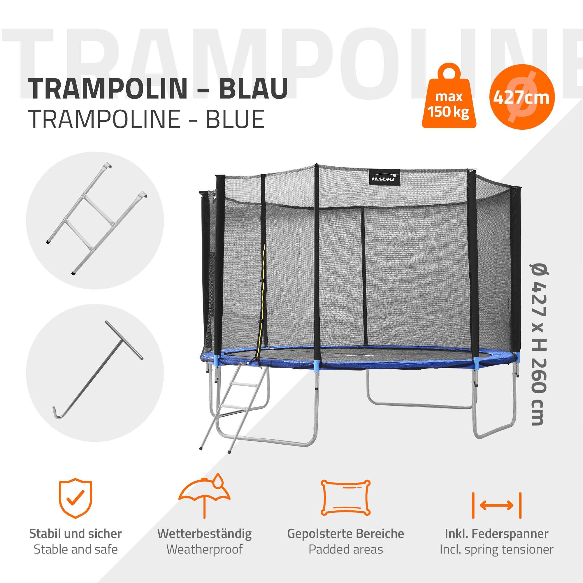 Trampoline de jardin avec filet de sécurité et échelle set complet bleu Ø 427 cm - Image 3