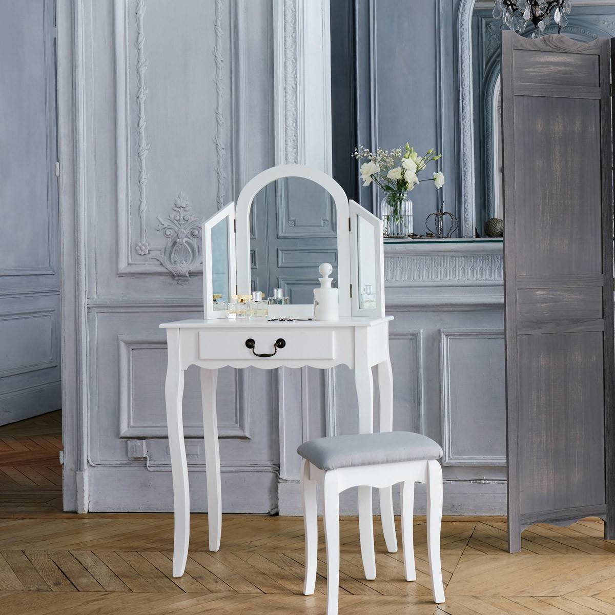 Tabouret de coiffeuse Gris clair et pieds en Bois Blanc H 45 cm - Image 3