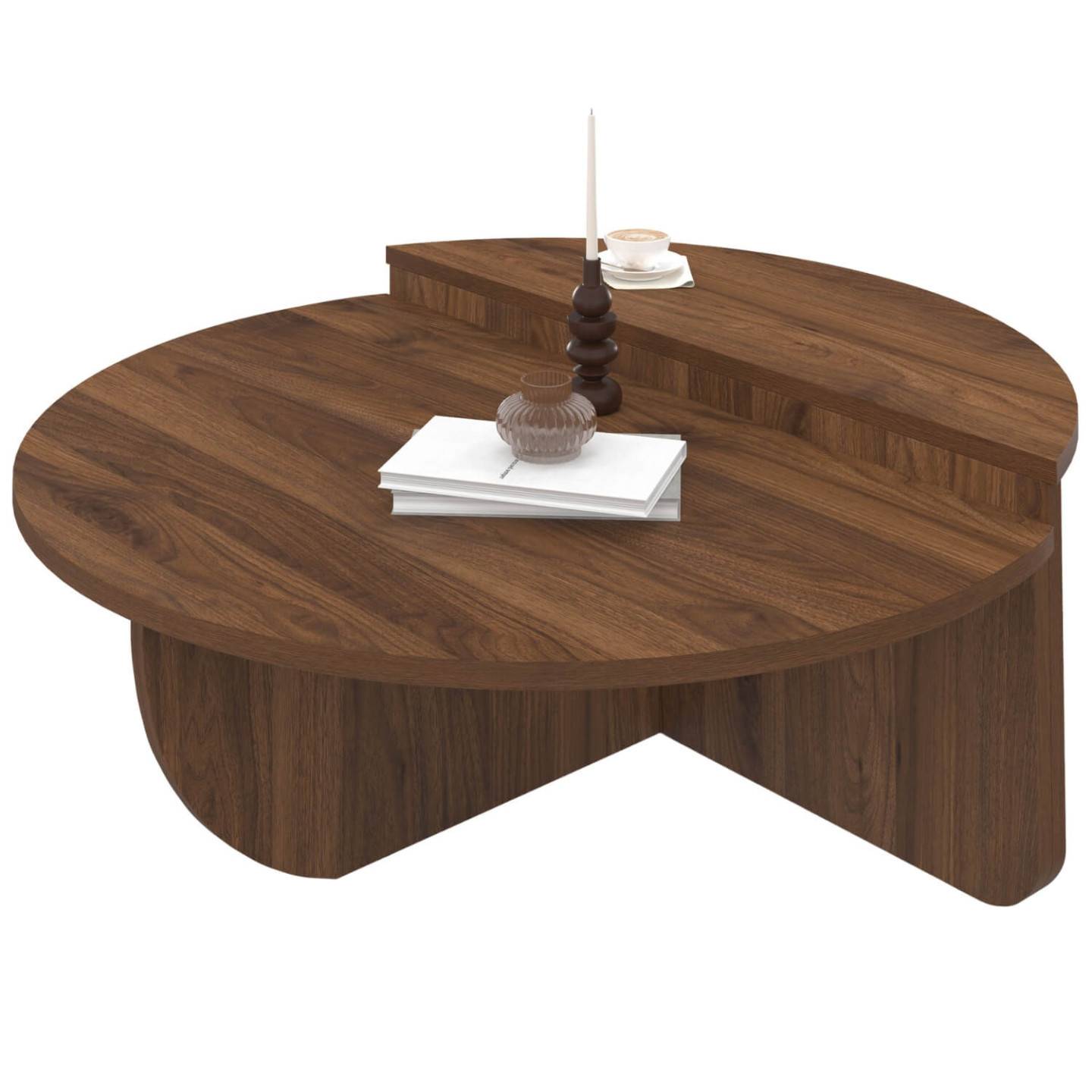 IDMARKET - Lot de 2 tables basses rondes GUILIA 90 cm asymétriques effet noyer - Image 2