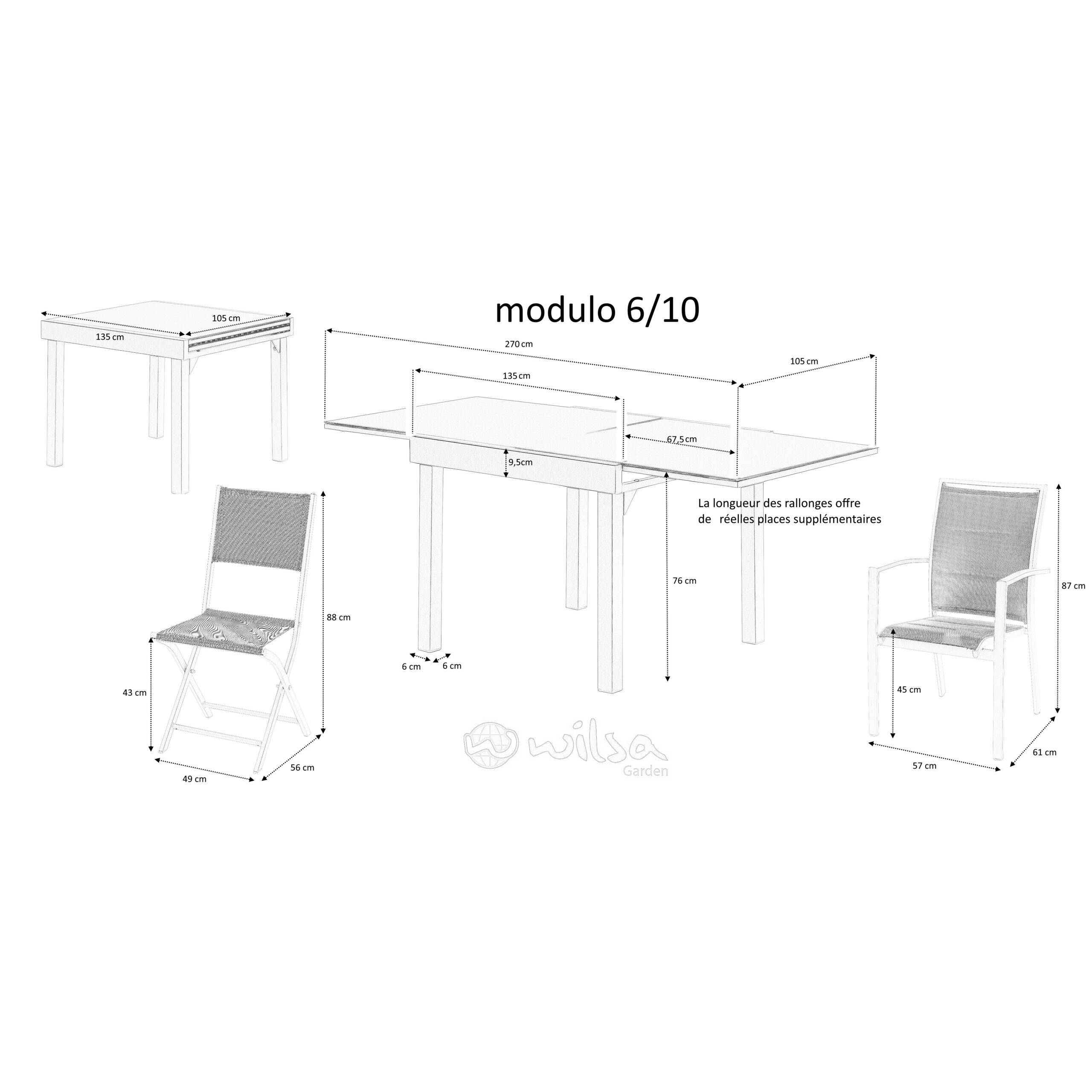 Wilsa Garden - Ensemble MODULO 6/10p en aluminium et 6 fauteuils et 4 chaises pliantes en aluminium et textilène - Image 6