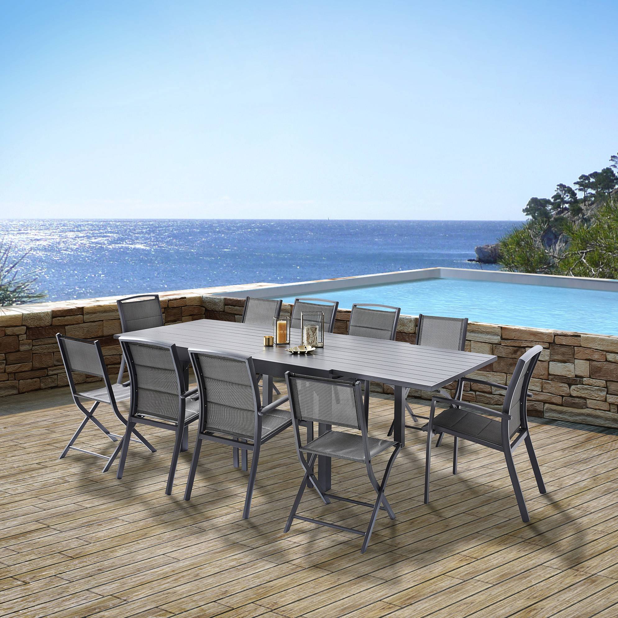 Wilsa Garden - Ensemble MODULO 6/10p en aluminium et 6 fauteuils et 4 chaises pliantes en aluminium et textilène - Image 2