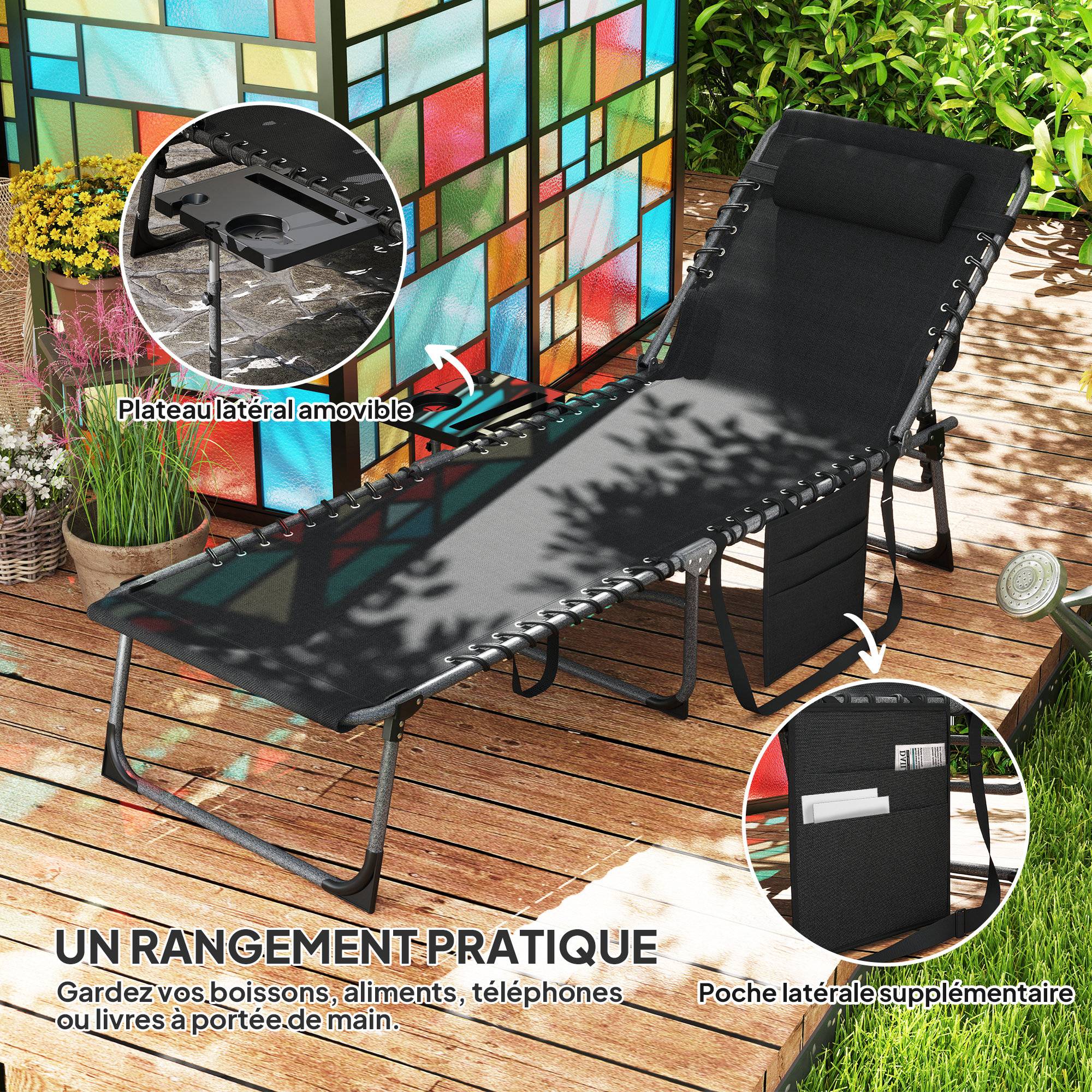 Bain de soleil pliable, dossier réglable 5 niveaux, plateau, appui-tête, poche latérale, 60 x 190 x 31 cm, noir - Image 8