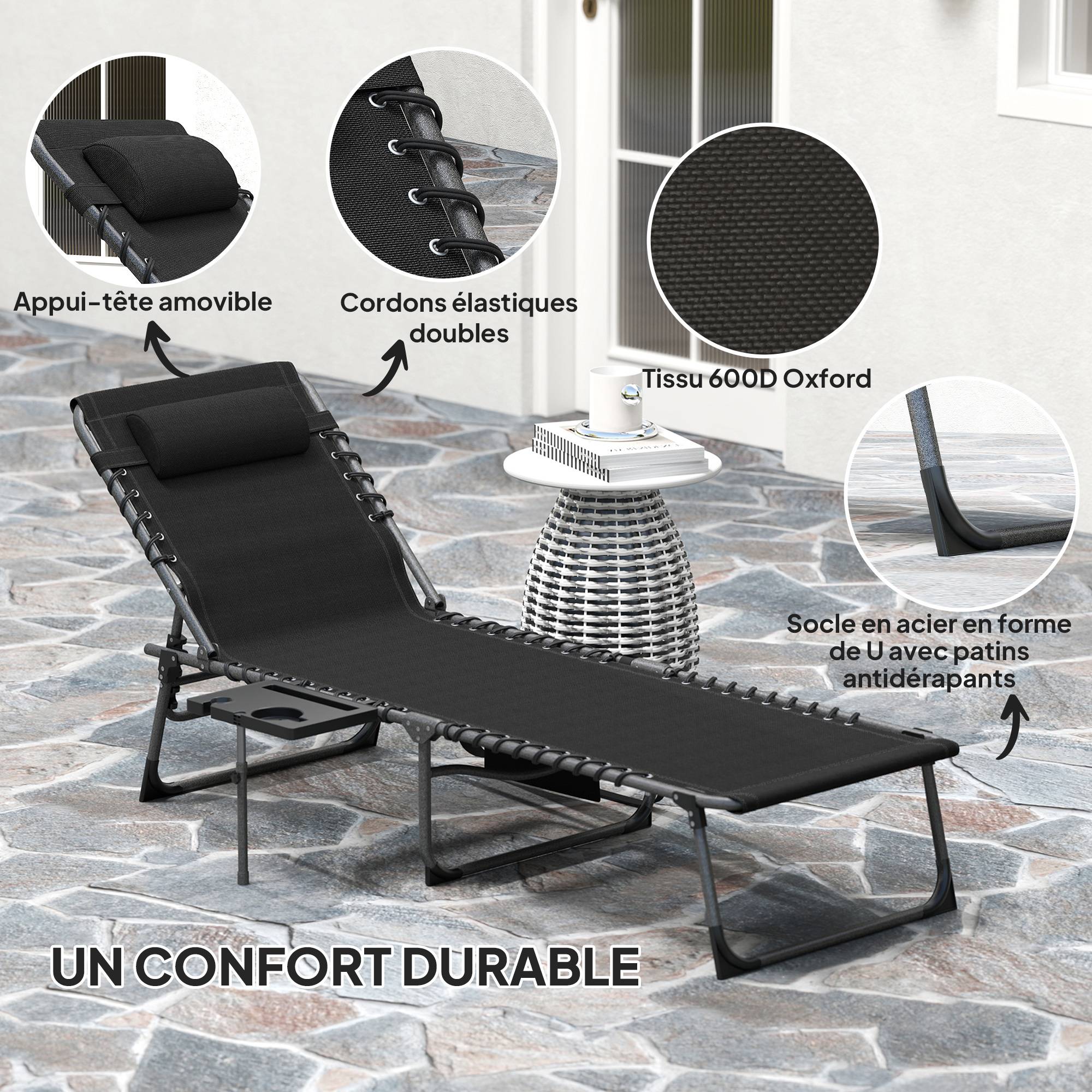 Bain de soleil pliable, dossier réglable 5 niveaux, plateau, appui-tête, poche latérale, 60 x 190 x 31 cm, noir - Image 7