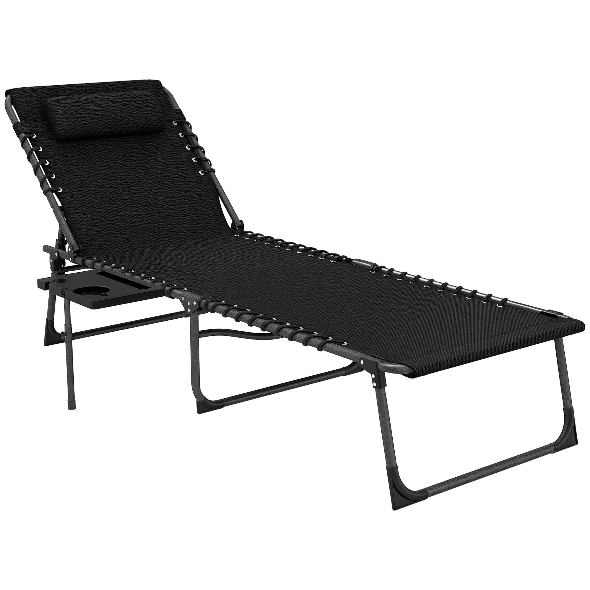 Bain de soleil pliable, dossier réglable 5 niveaux, plateau, appui-tête, poche latérale, 60 x 190 x 31 cm, noir - Image 1