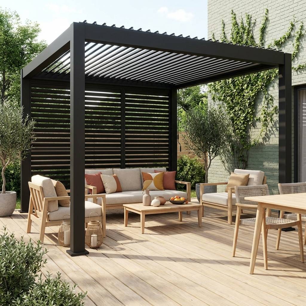 Pergola bioclimatique aluminium 4x3m anthracite + 3 persiennes 100cm lames orientables Triomphe | sweeek - Image 1