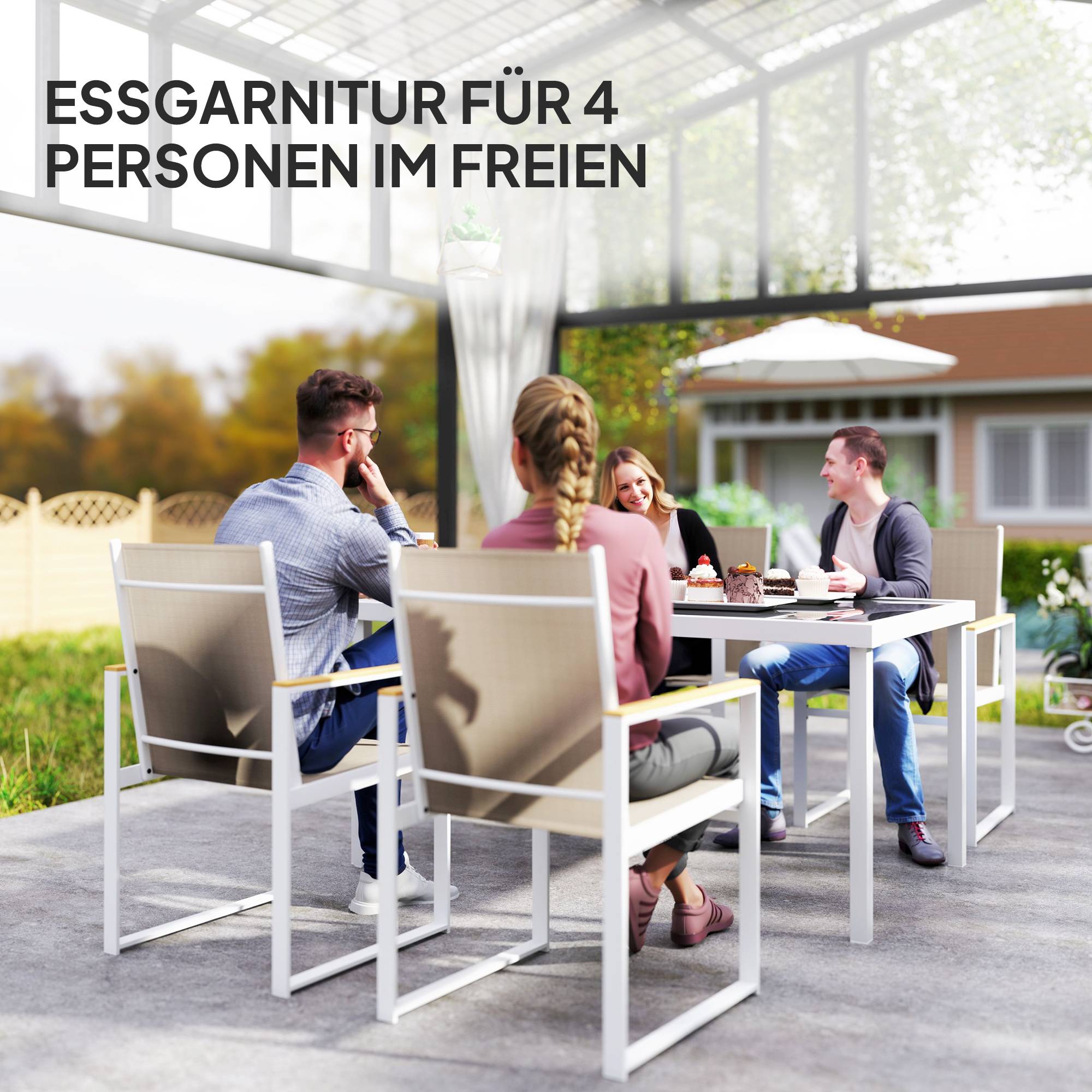 ComfortXL - Salon de jardin 5 pièces acier verre trempé multicolore table 150 x 87 cm 4 chaises repas extérieur terrasse - Image 4