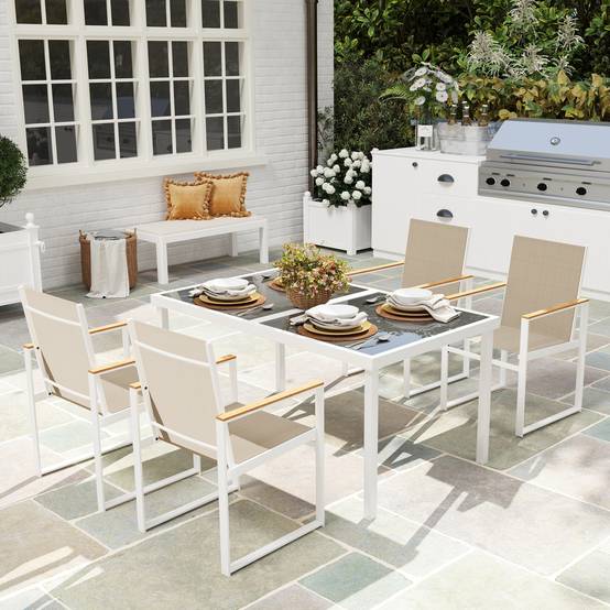 ComfortXL - Salon de jardin 5 pièces acier verre trempé multicolore table 150 x 87 cm 4 chaises repas extérieur terrasse - Image 1