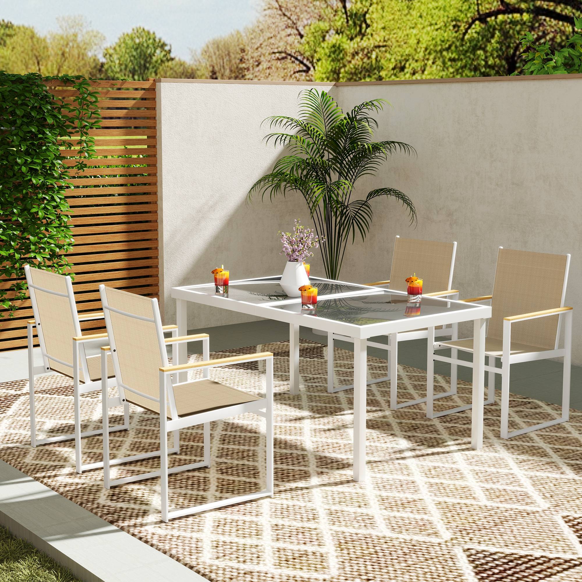 ComfortXL - Salon de jardin 5 pièces acier verre trempé multicolore table 150 x 87 cm 4 chaises repas extérieur terrasse - Image 8