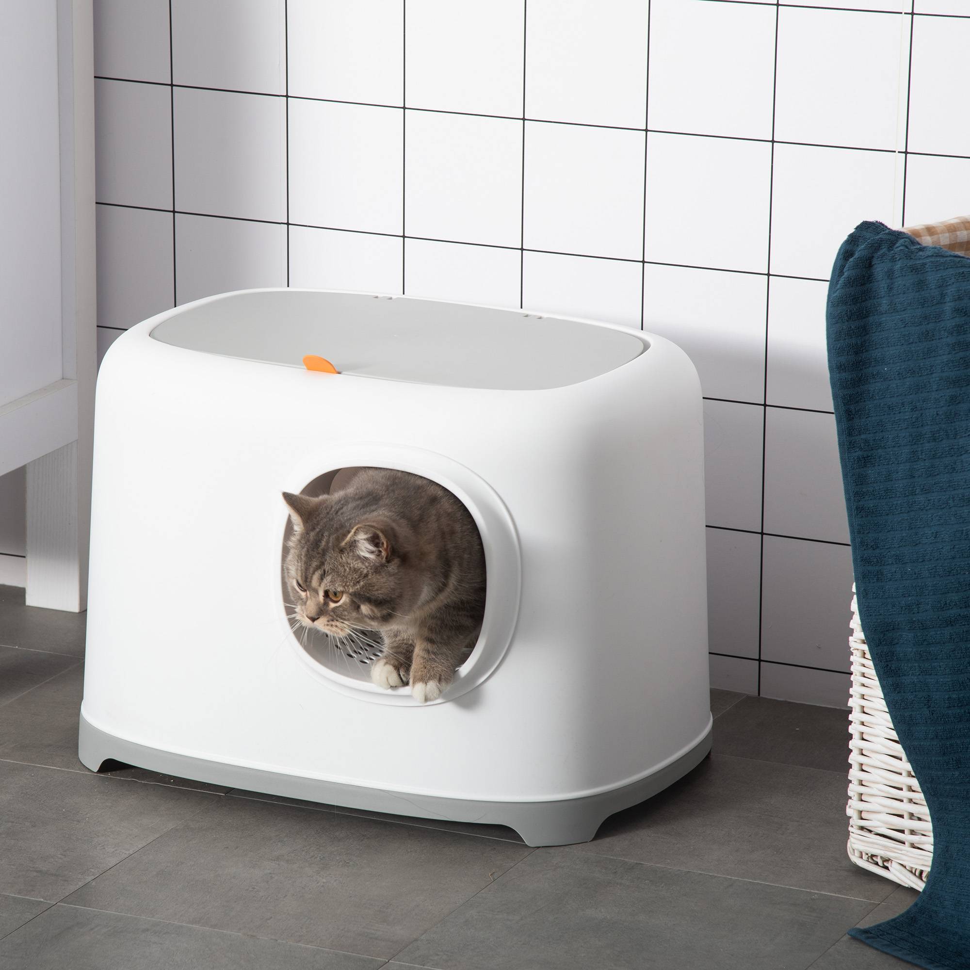 Sans Marque - Bac à litière pour chat maison de toilette fermée avec couvercle et pelle, Plastique (PP), 55L x 40l x 39H cm, blanc - Image 2