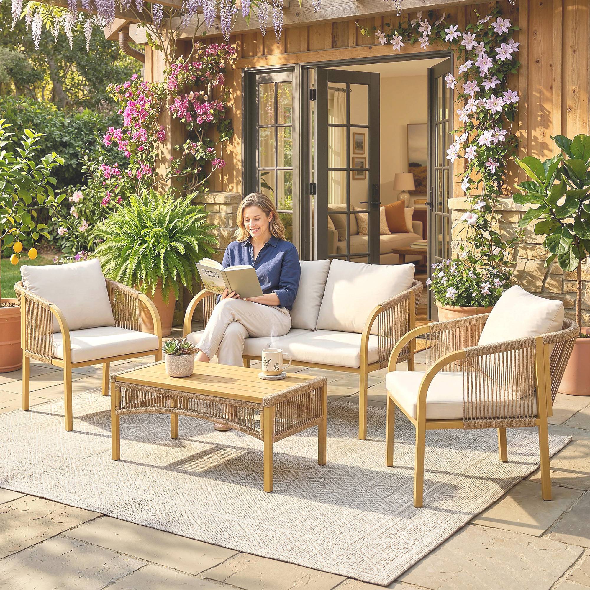 Salon de jardin extérieur 4 personnes en résine tressée avec canapés et table basse en verre trempé coussins inclus gris - Image 4