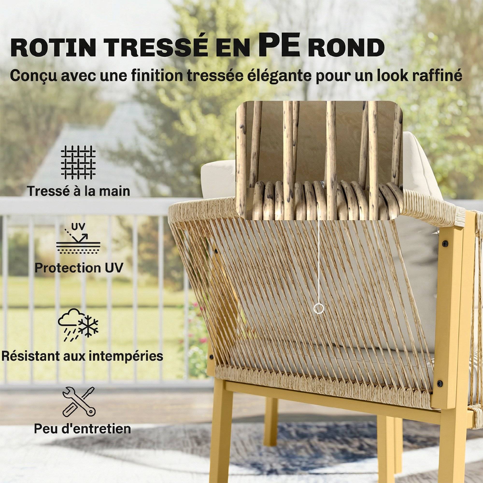 Salon de jardin extérieur 4 personnes en résine tressée avec canapés et table basse en verre trempé coussins inclus gris - Image 7
