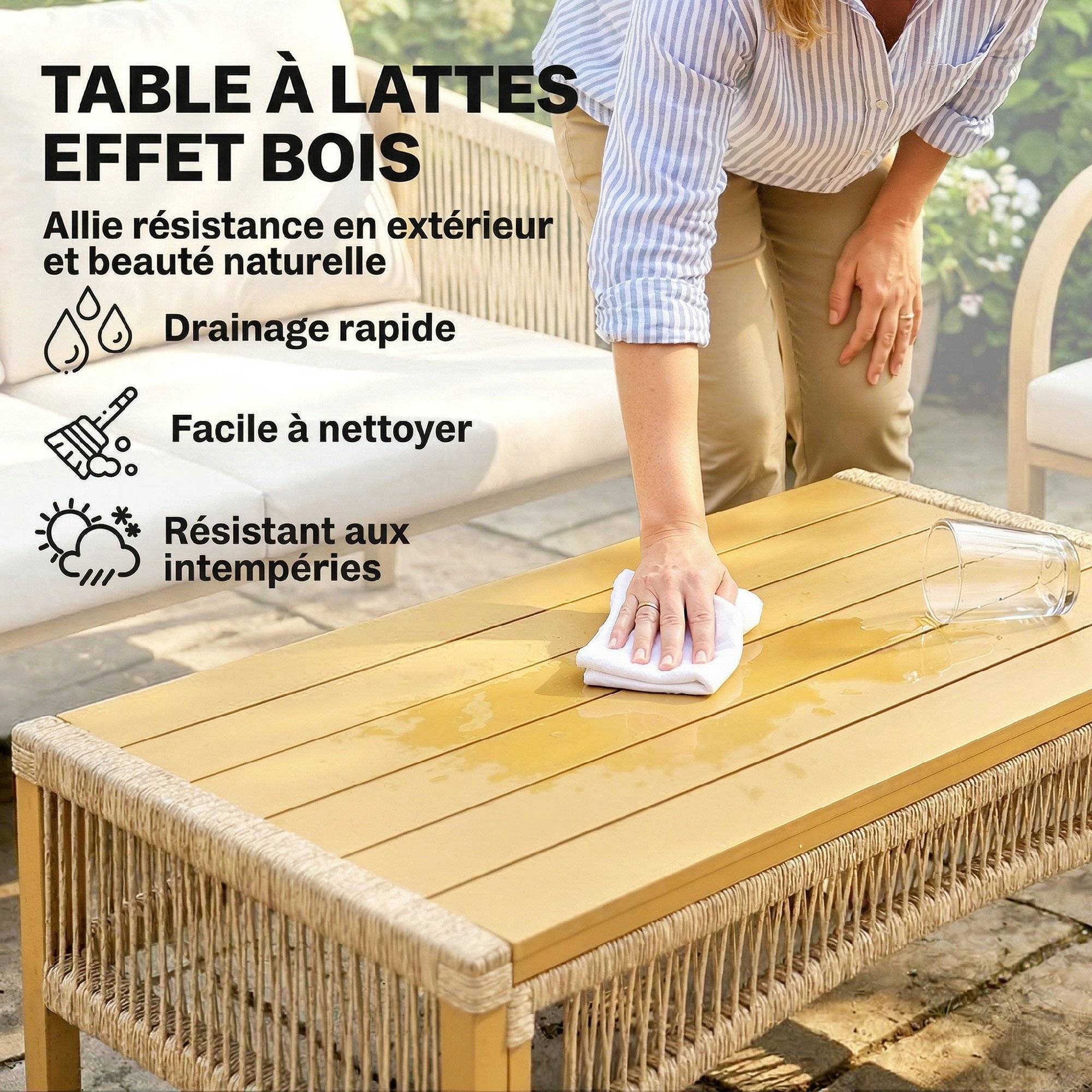 Salon de jardin extérieur 4 personnes en résine tressée avec canapés et table basse en verre trempé coussins inclus gris - Image 9